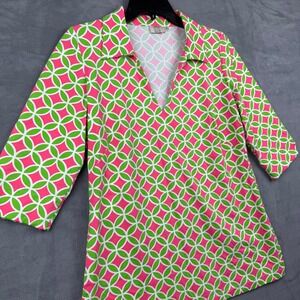 Katherine Way Tunic Top Women's Medium Pink Green Geo Print‎ 3/4 Sleeve USA Made